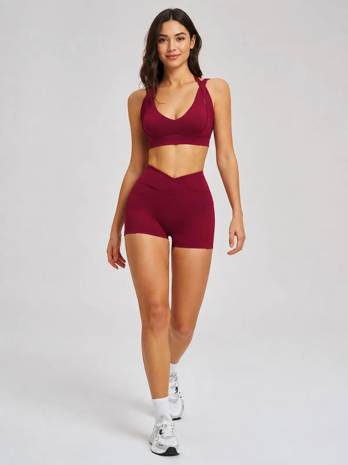 Sienna Frame Scoop-Neck Sports Bra and Bike Shorts Set — cherry red — general — authoritative variation match