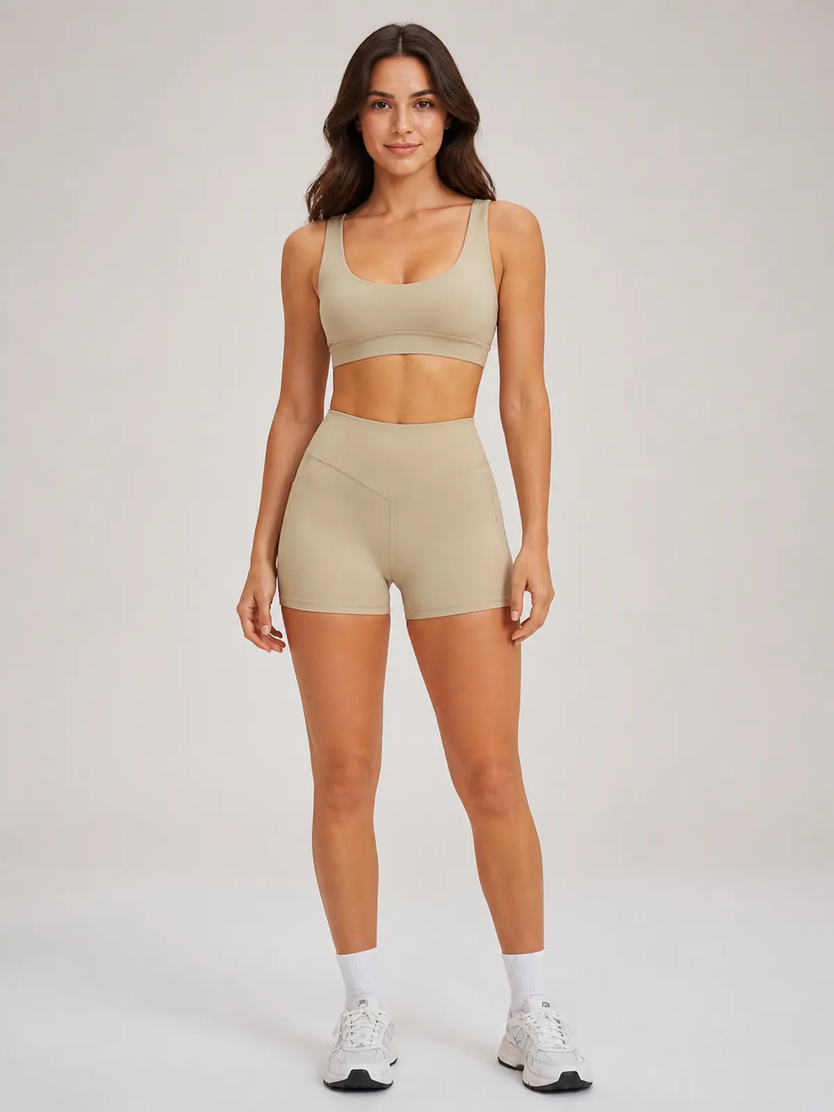 Sienna Frame Scoop-Neck Sports Bra and Bike Shorts Set — light brown — general — authoritative variation match
