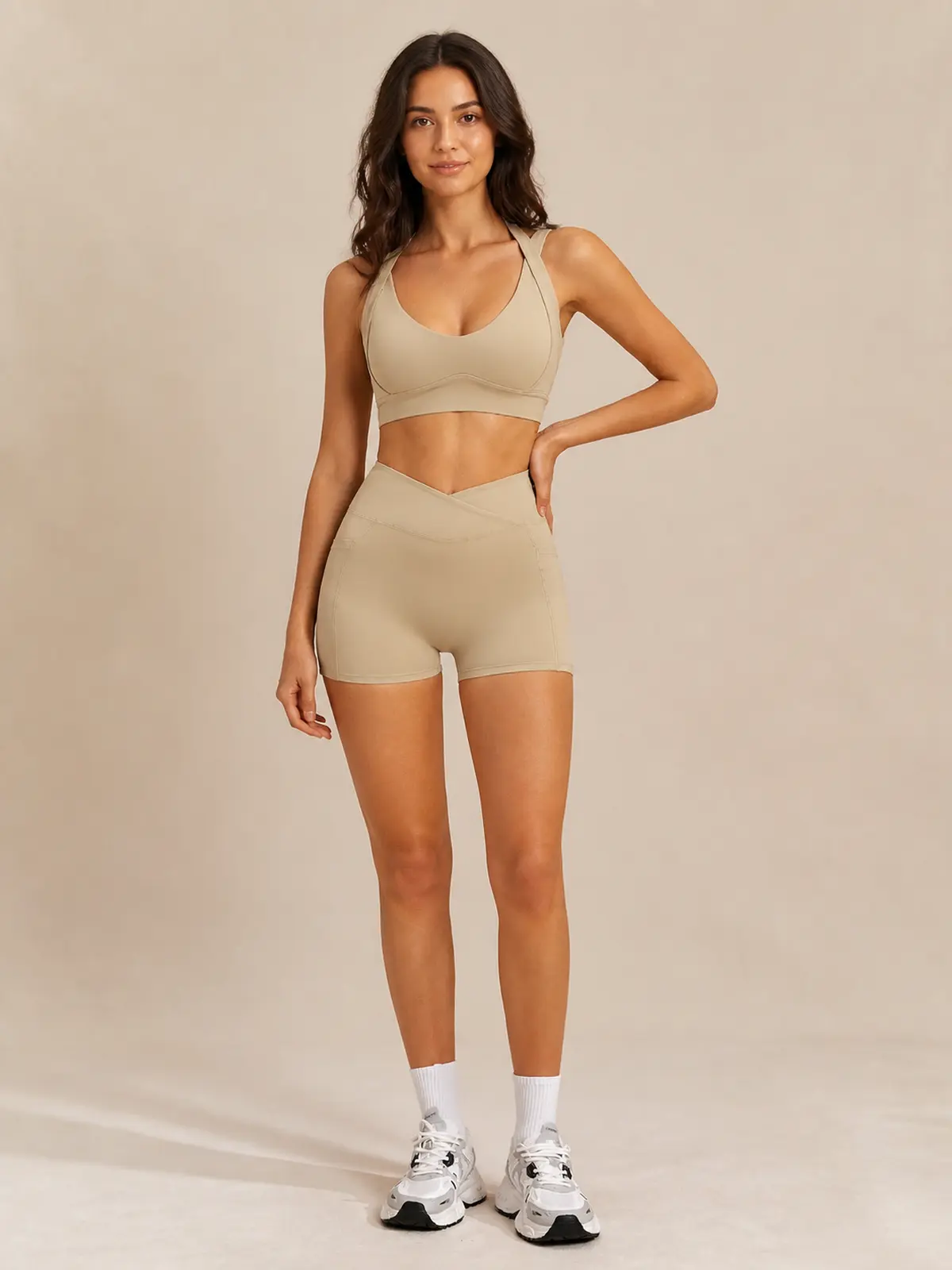 Sienna Frame Scoop-Neck Sports Bra and Bike Shorts Set — light brown — general — authoritative variation match