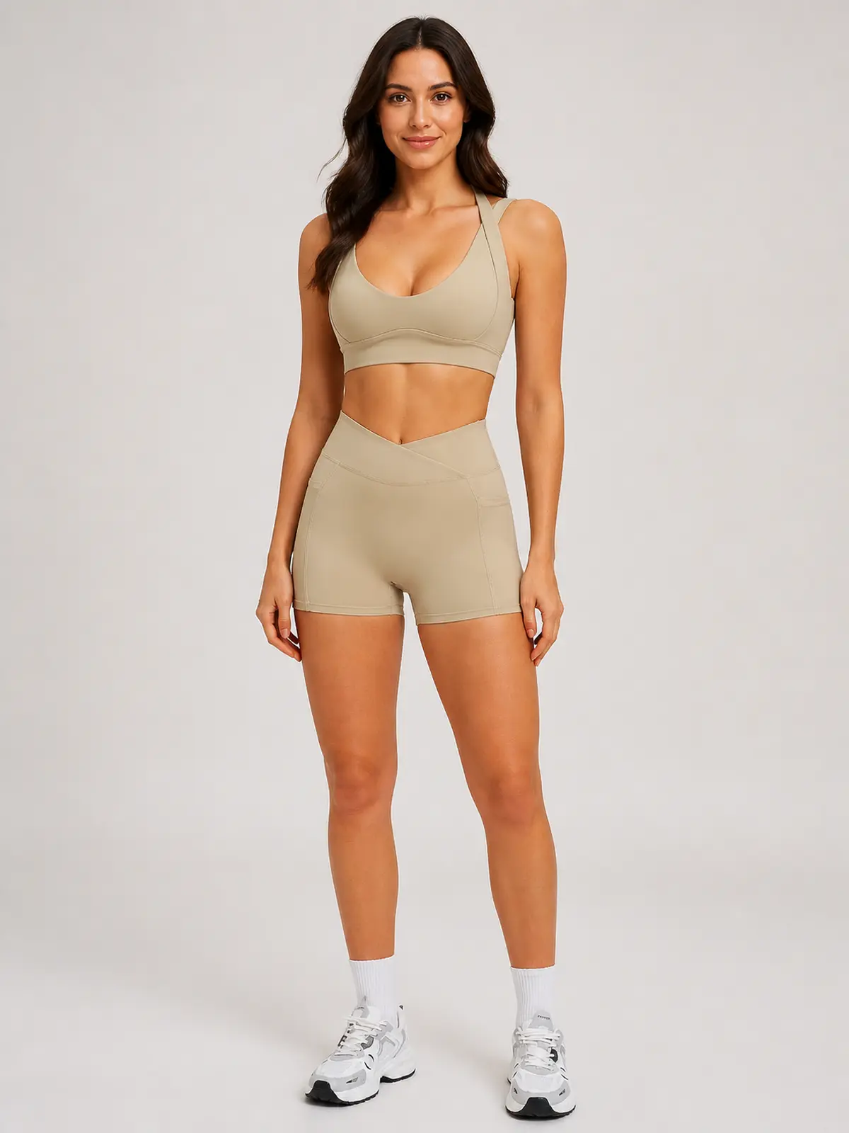 Sienna Frame Scoop-Neck Sports Bra and Bike Shorts Set — light brown — general — authoritative variation match