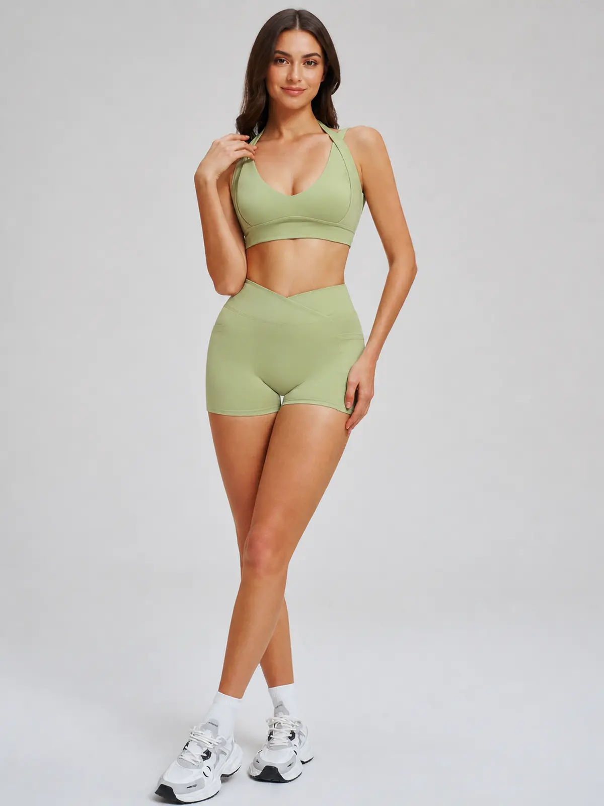 Sienna Frame Scoop-Neck Sports Bra and Bike Shorts Set — studio portrait
