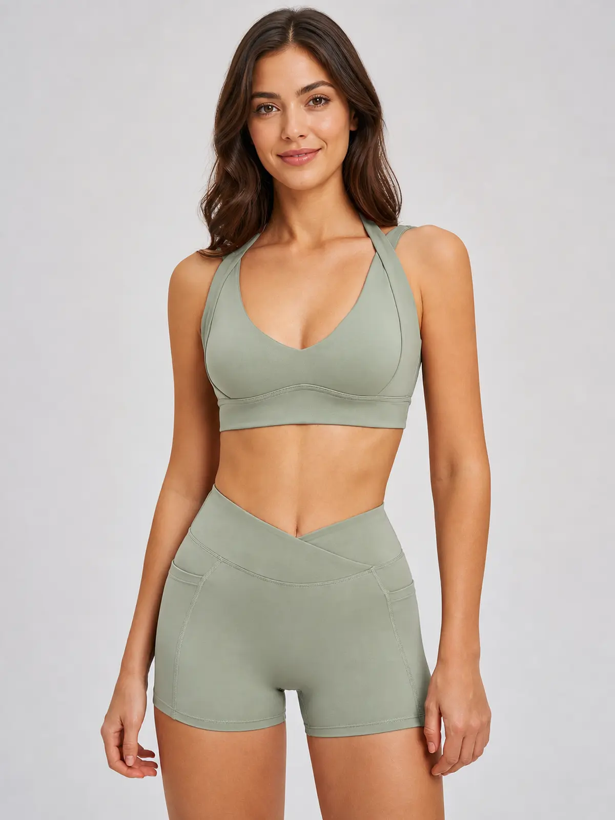 Sienna Frame Scoop-Neck Sports Bra and Bike Shorts Set — studio portrait