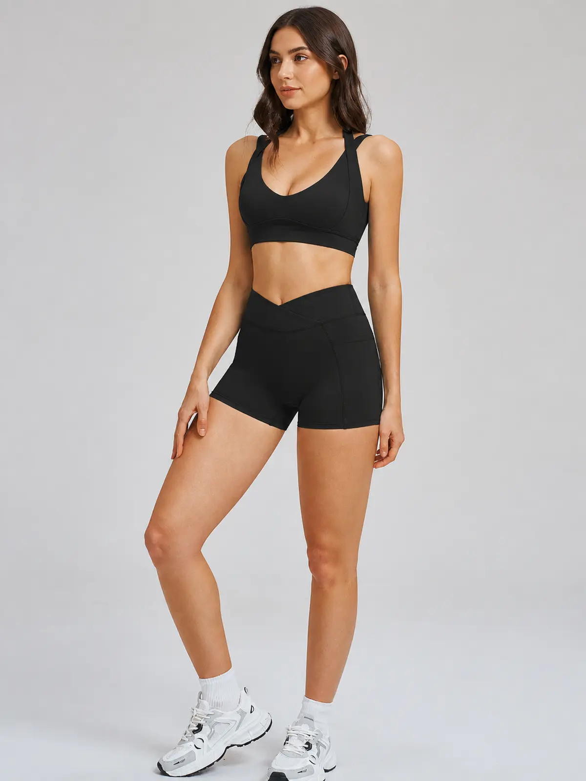 Sienna Frame Scoop-Neck Sports Bra and Bike Shorts Set — studio portrait