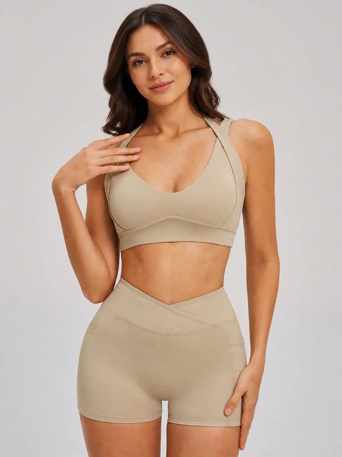 Sienna Frame Scoop-Neck Sports Bra and Bike Shorts Set — studio portrait