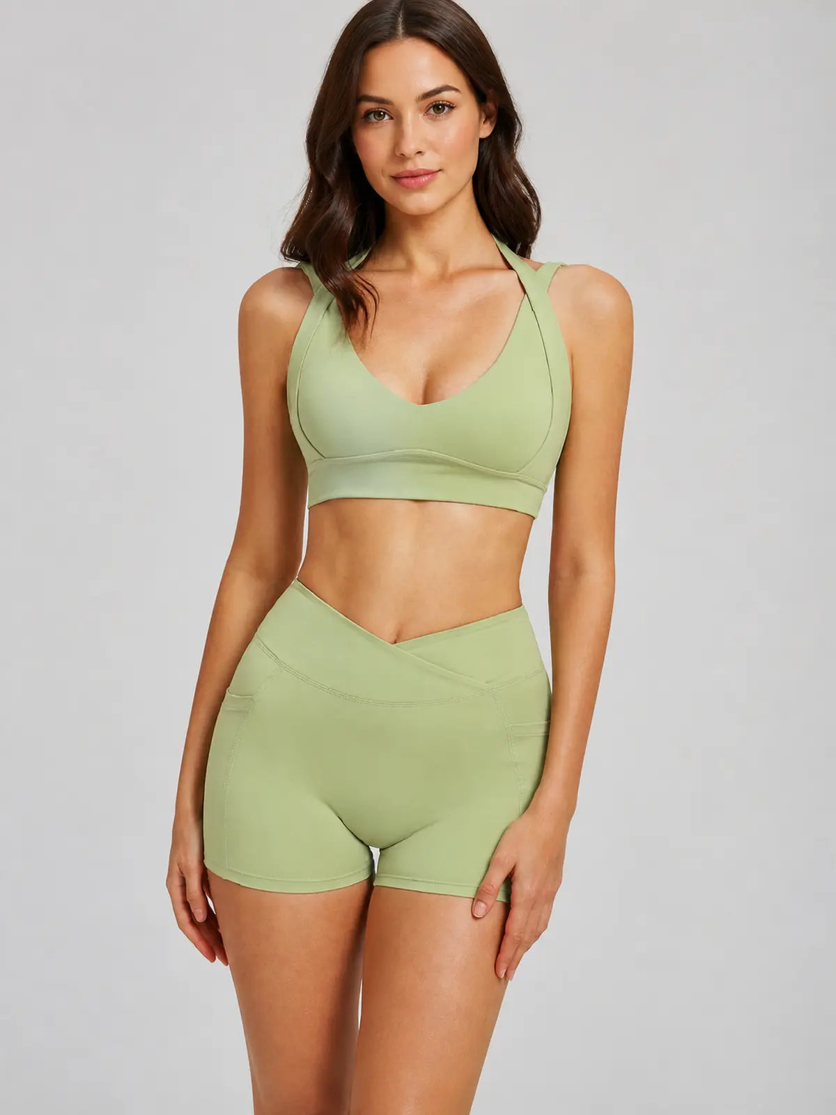 Sienna Frame Scoop-Neck Sports Bra and Bike Shorts Set — studio portrait