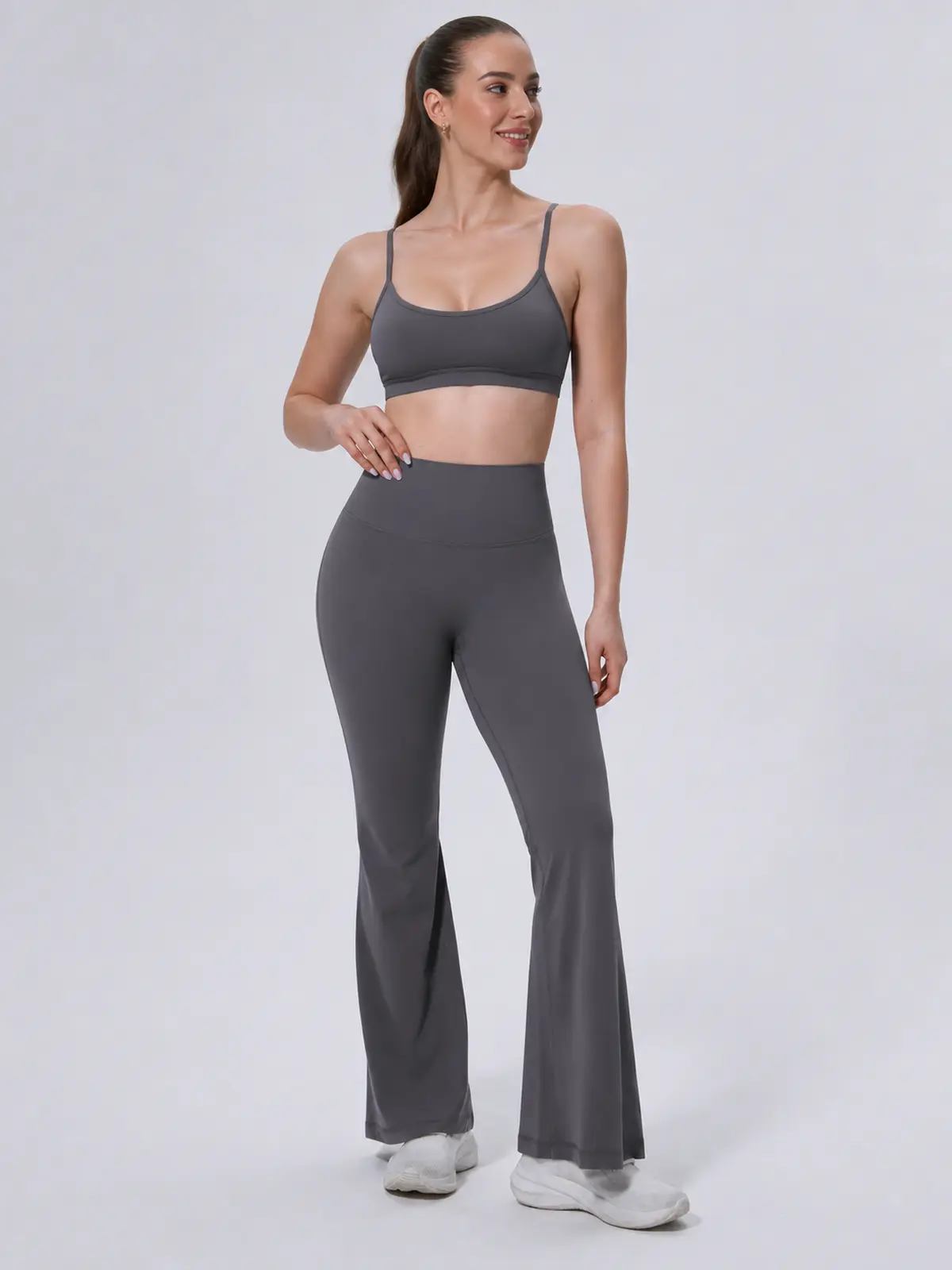 Sienna Sweep High-Rise Flare Leggings — dark graphite gray — flare-leggings — authoritative variation match