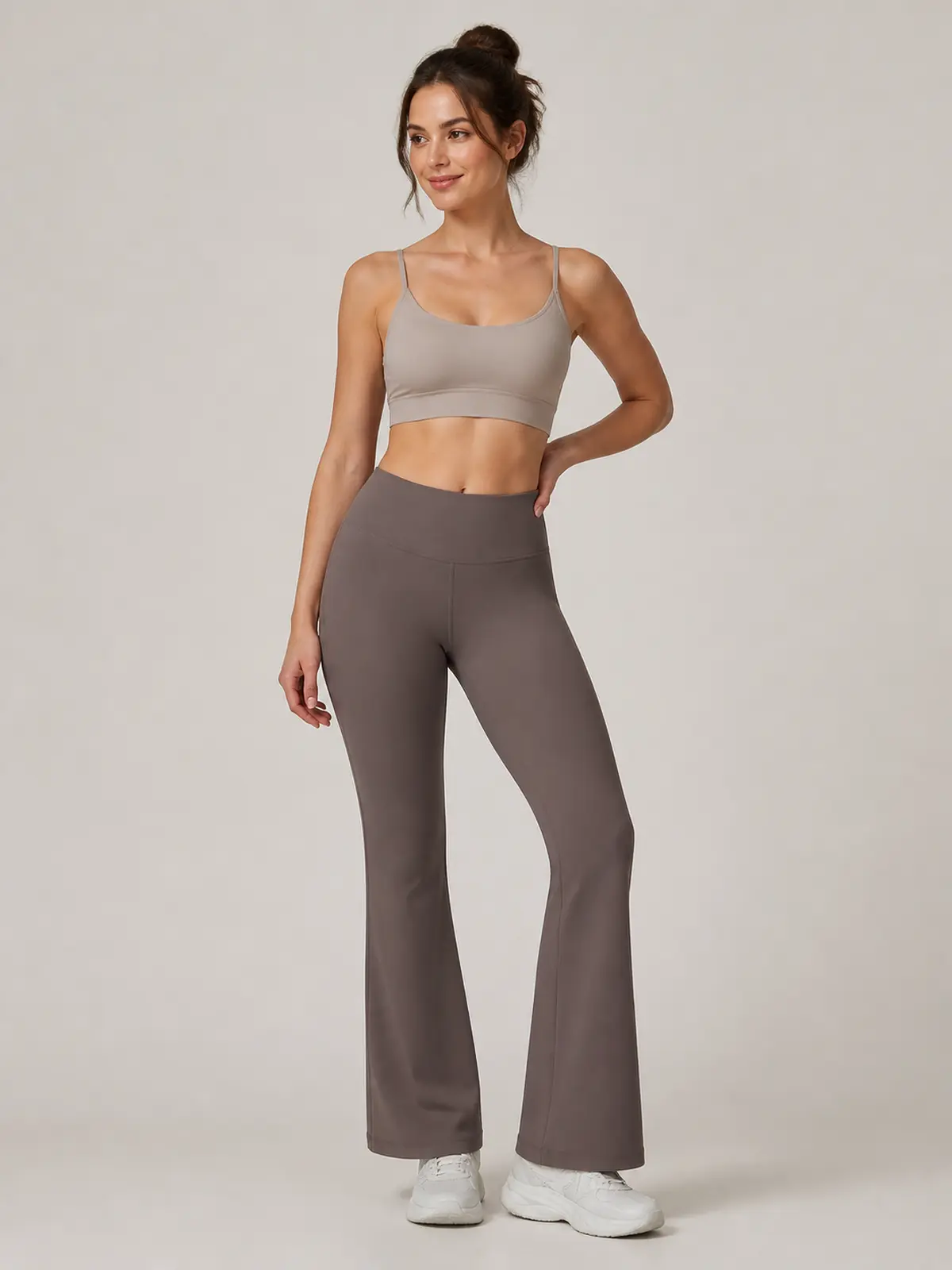 Sienna Sweep High-Rise Flare Leggings — taupe brown — flare-leggings — authoritative variation match