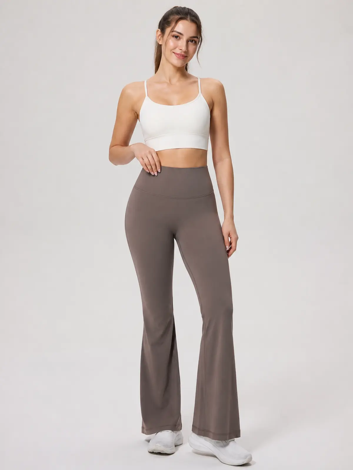 Sienna Sweep High-Rise Flare Leggings — taupe brown — flare-leggings — authoritative variation match