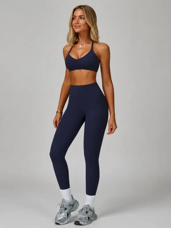 Sierra Orbit Halter Sports Bra and Full-Length Leggings Set — dark navy blue — general — authoritative variation match
