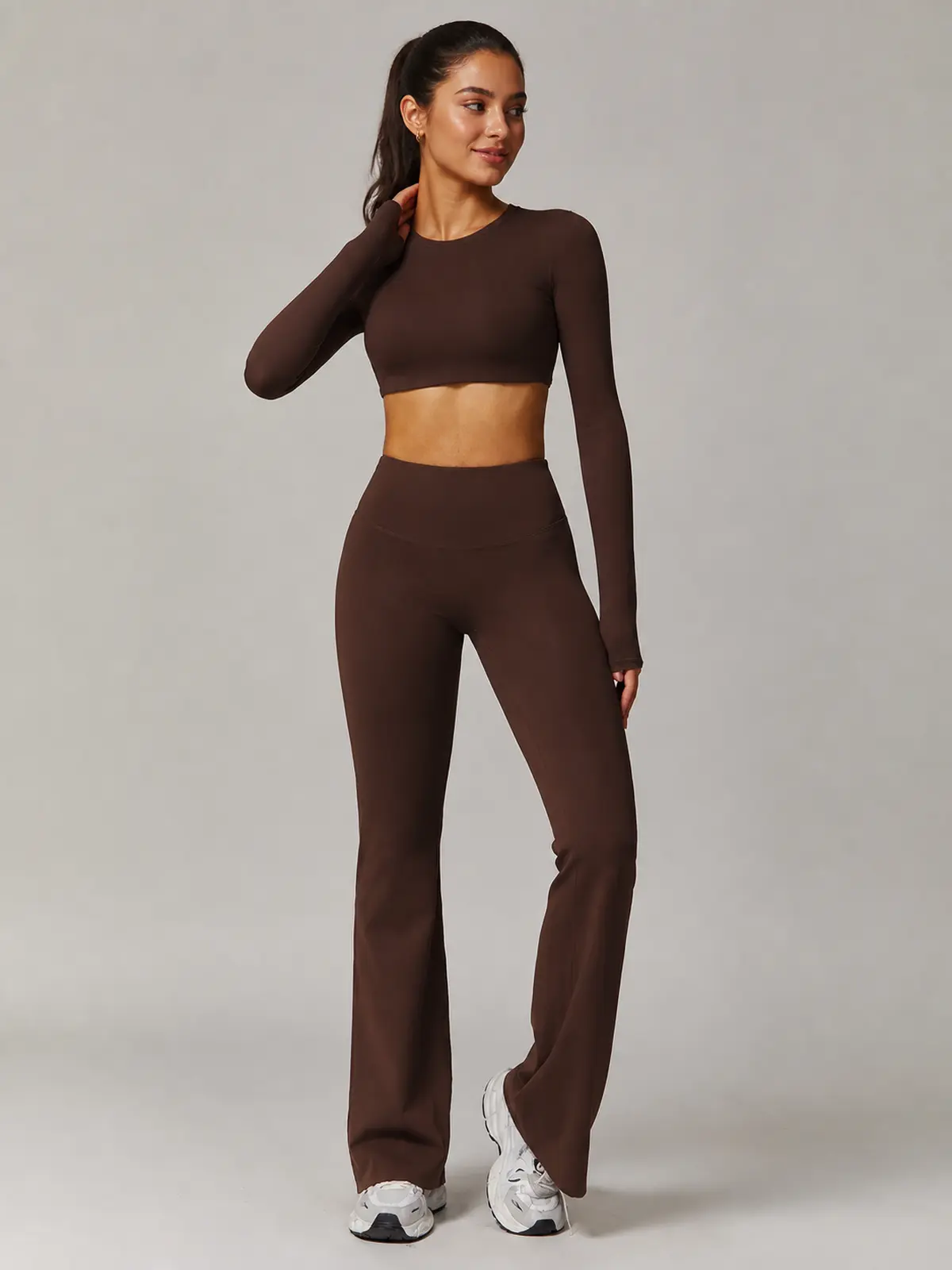Solar Drift High-Rise Flare Leggings — dark brown — flare-leggings — authoritative variation match