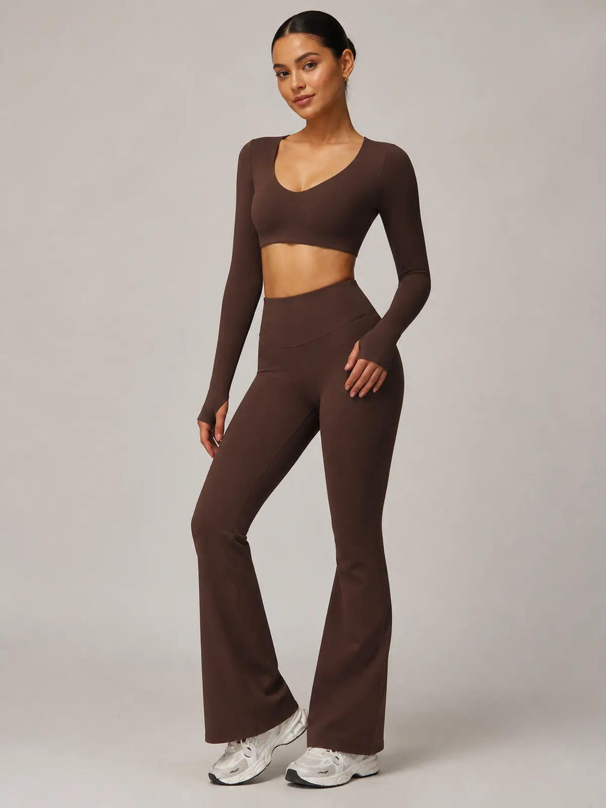 Solar Drift High-Rise Flare Leggings — dark brown — general — authoritative variation match