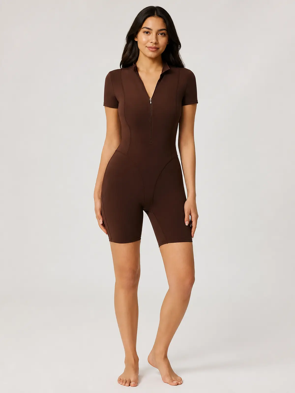 Solara Pivot Short-Sleeve Zip-Front Yoga Romper — coffee brown — authoritative variation image