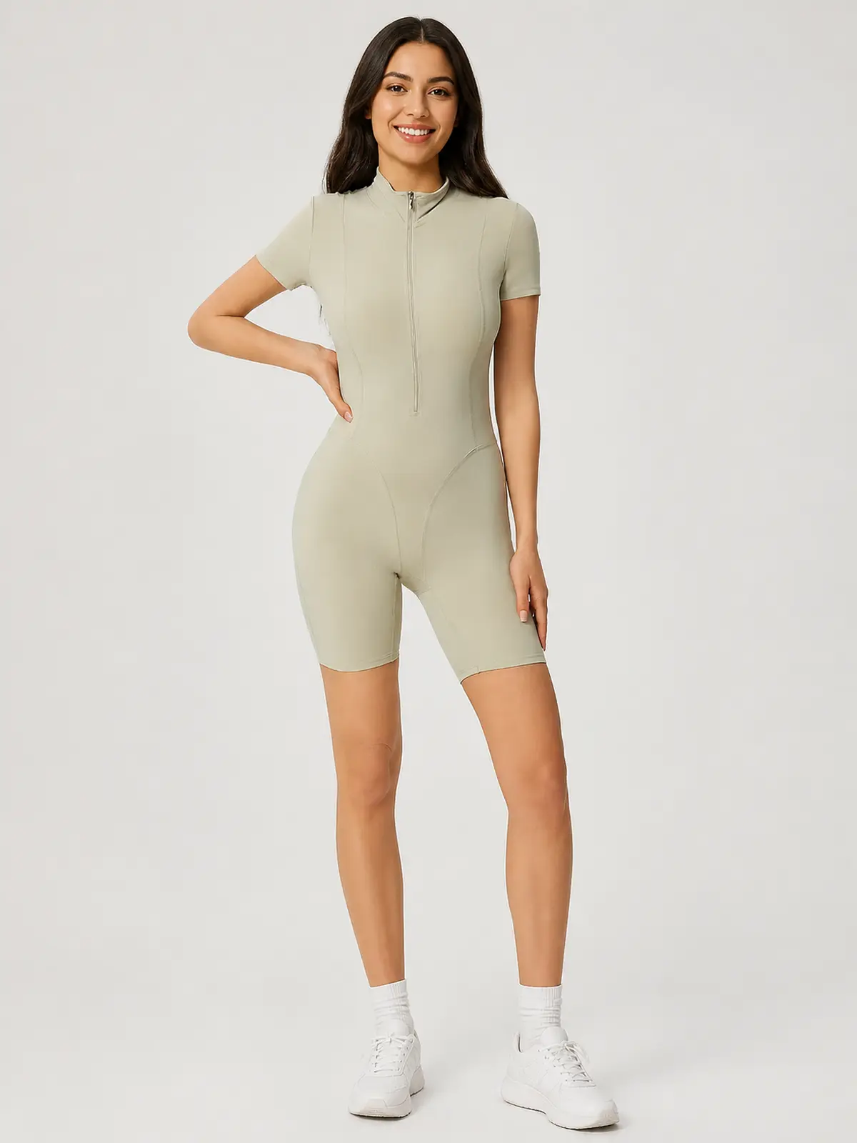 Solara Pivot Short-Sleeve Zip-Front Yoga Romper — light oatmeal beige — authoritative variation image