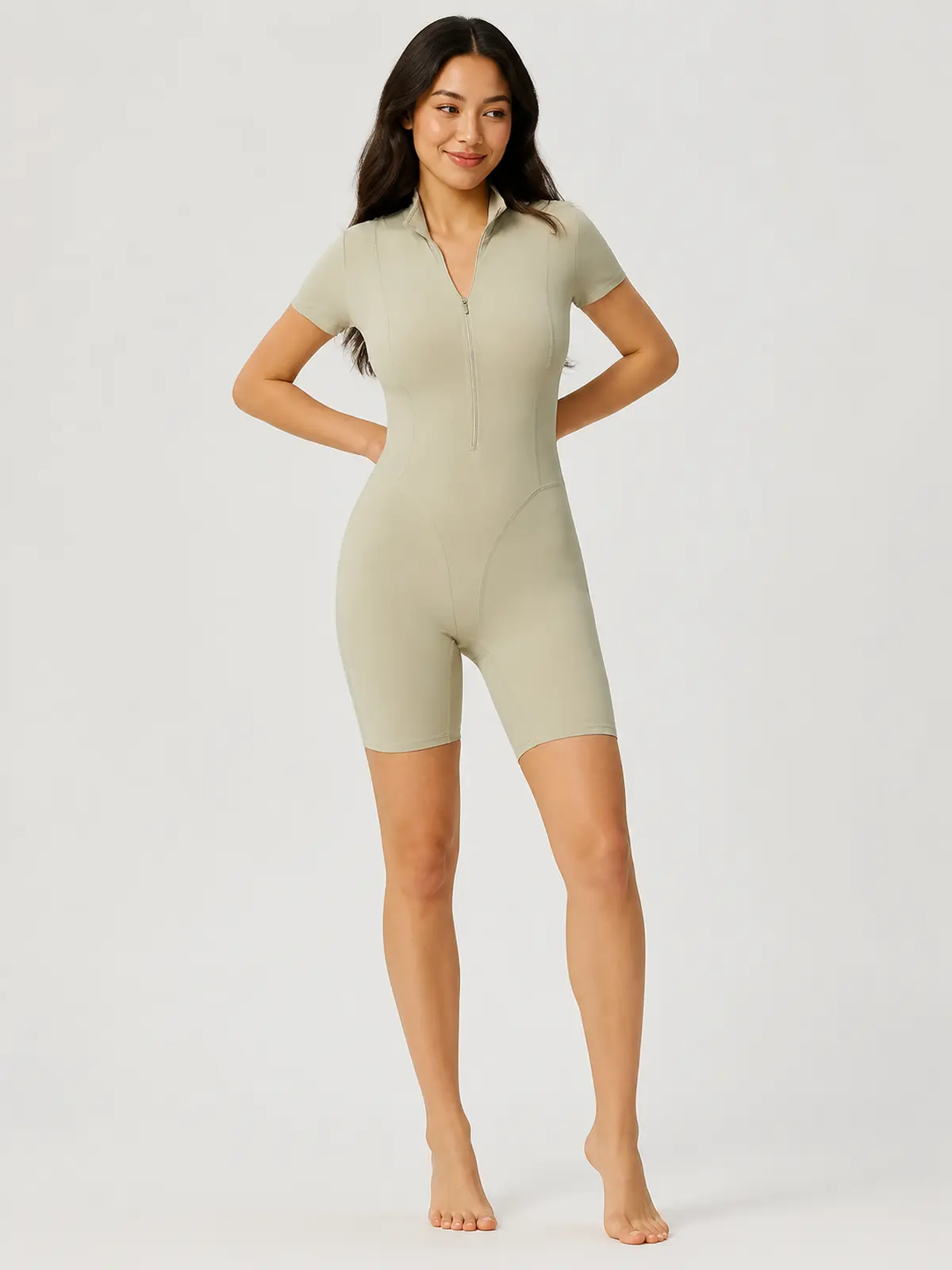 Solara Pivot Short-Sleeve Zip-Front Yoga Romper — light oatmeal beige — authoritative variation match