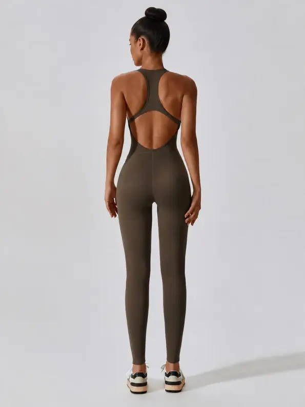Solenne Interval Sleeveless Scoop-Neck Unitard — dark coffee brown — authoritative variation match