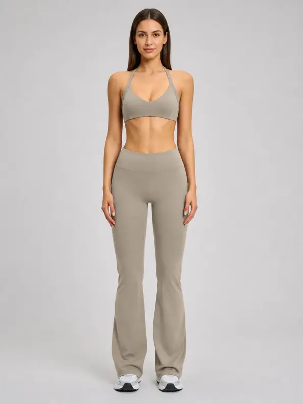 Solstice Vale Halter Sports Bra and Flare Leggings Set — beige — general — authoritative variation match