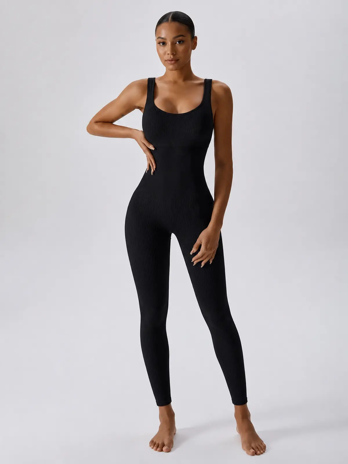 Springline Form Sleeveless Scoop-Neck Ribbed Unitard — black — jumpsuit — authoritative variation match
