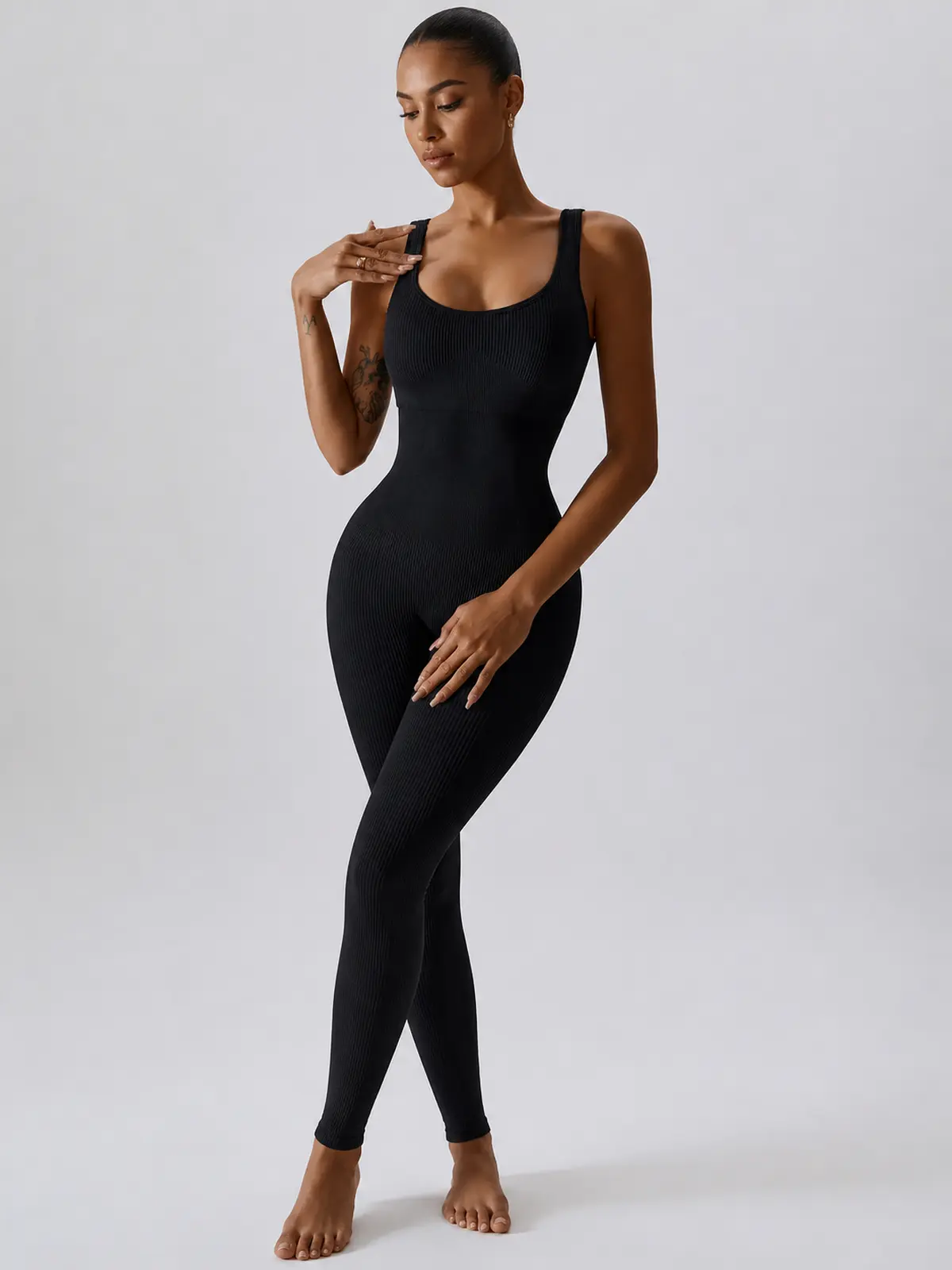 Springline Form Sleeveless Scoop-Neck Ribbed Unitard — black — jumpsuit — authoritative variation match