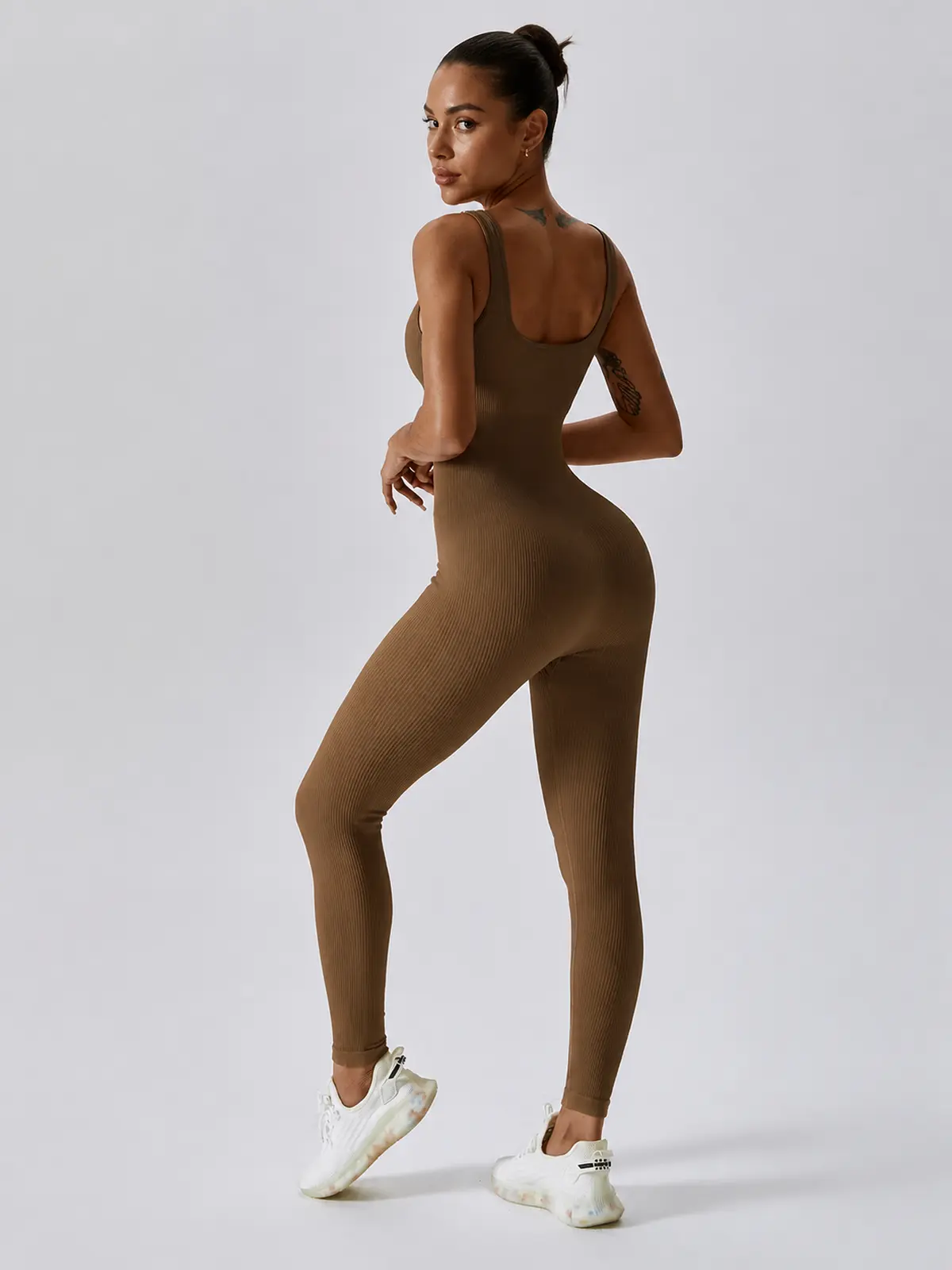 Springline Form Sleeveless Scoop-Neck Ribbed Unitard — coffee brown — jumpsuit — authoritative variation match