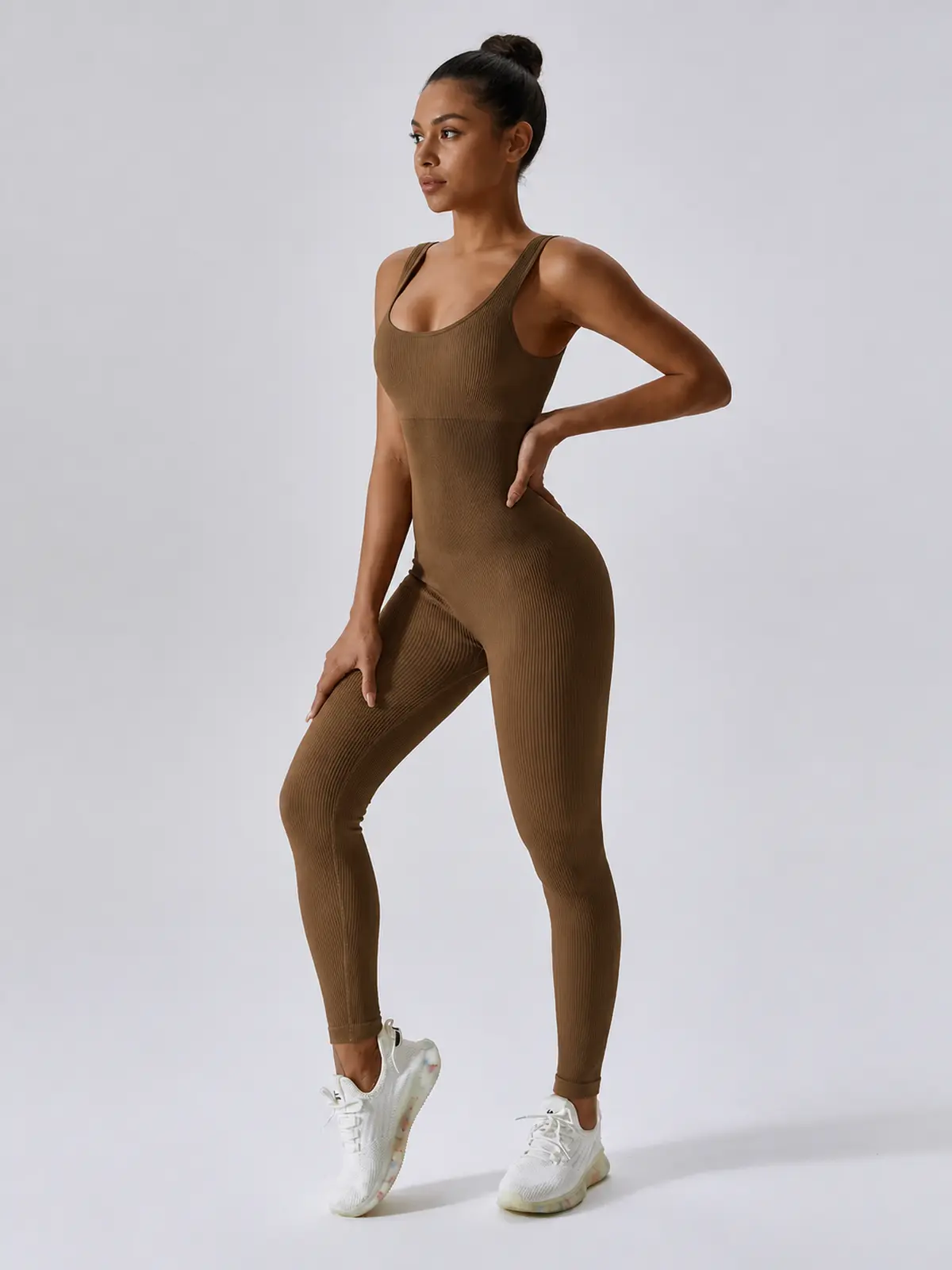 Springline Form Sleeveless Scoop-Neck Ribbed Unitard — coffee brown — jumpsuit — authoritative variation match