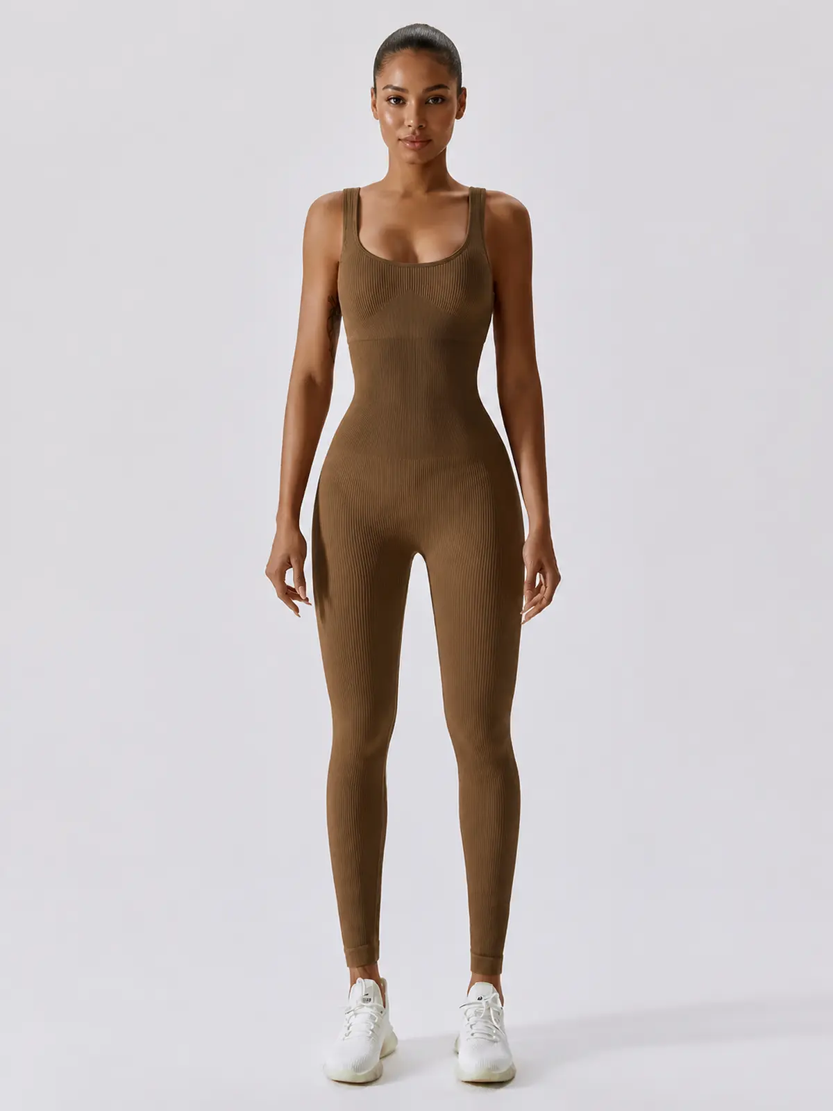 Springline Form Sleeveless Scoop-Neck Ribbed Unitard — coffee brown — authoritative variation match