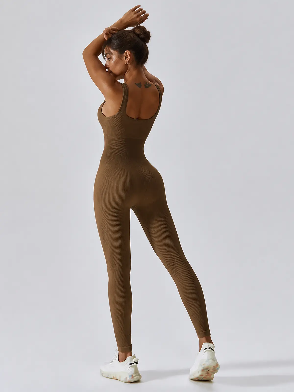 Springline Form Sleeveless Scoop-Neck Ribbed Unitard — coffee brown — authoritative variation match