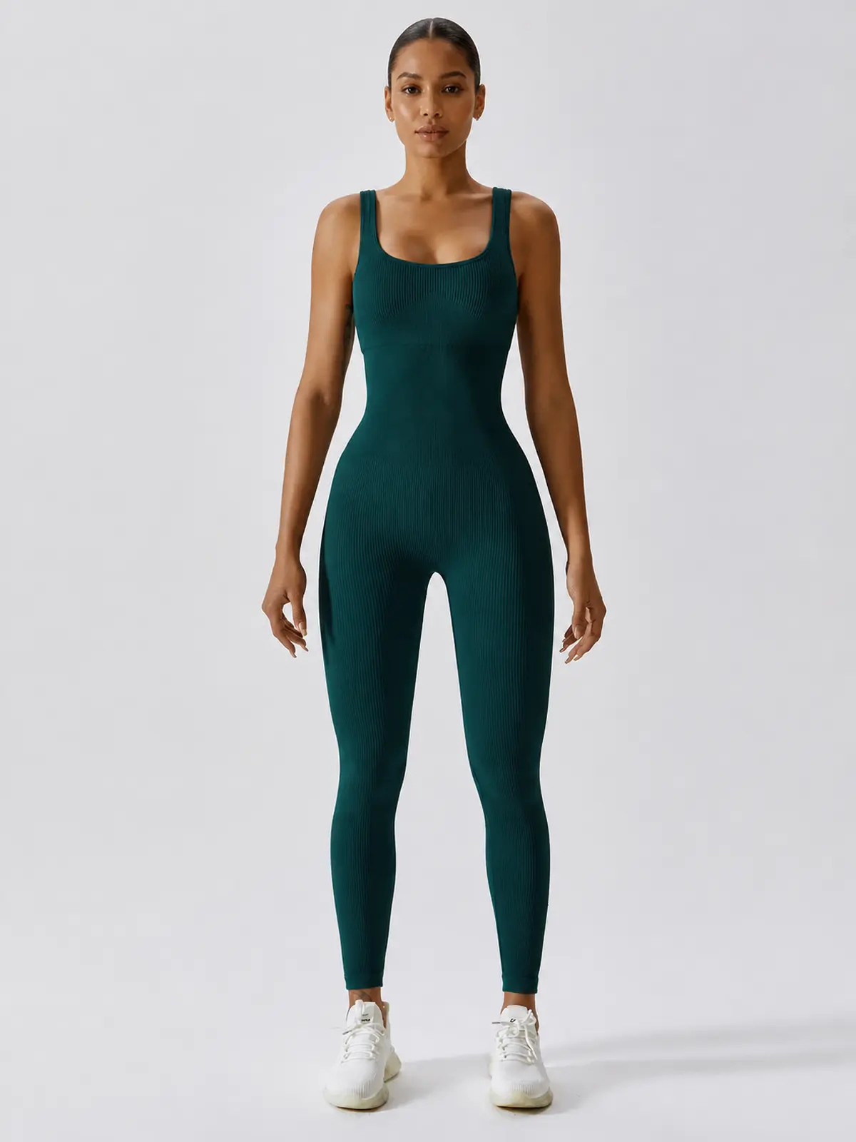 Springline Form Sleeveless Scoop-Neck Ribbed Unitard — dark teal green — authoritative variation image