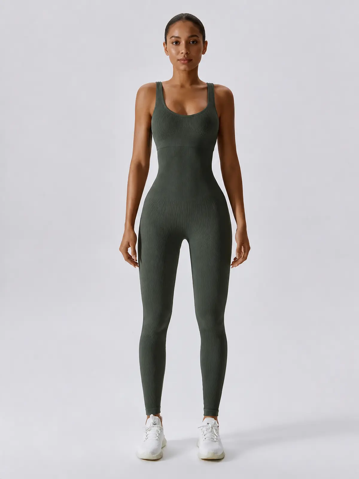 Springline Form Sleeveless Scoop-Neck Ribbed Unitard — olive green — authoritative variation image