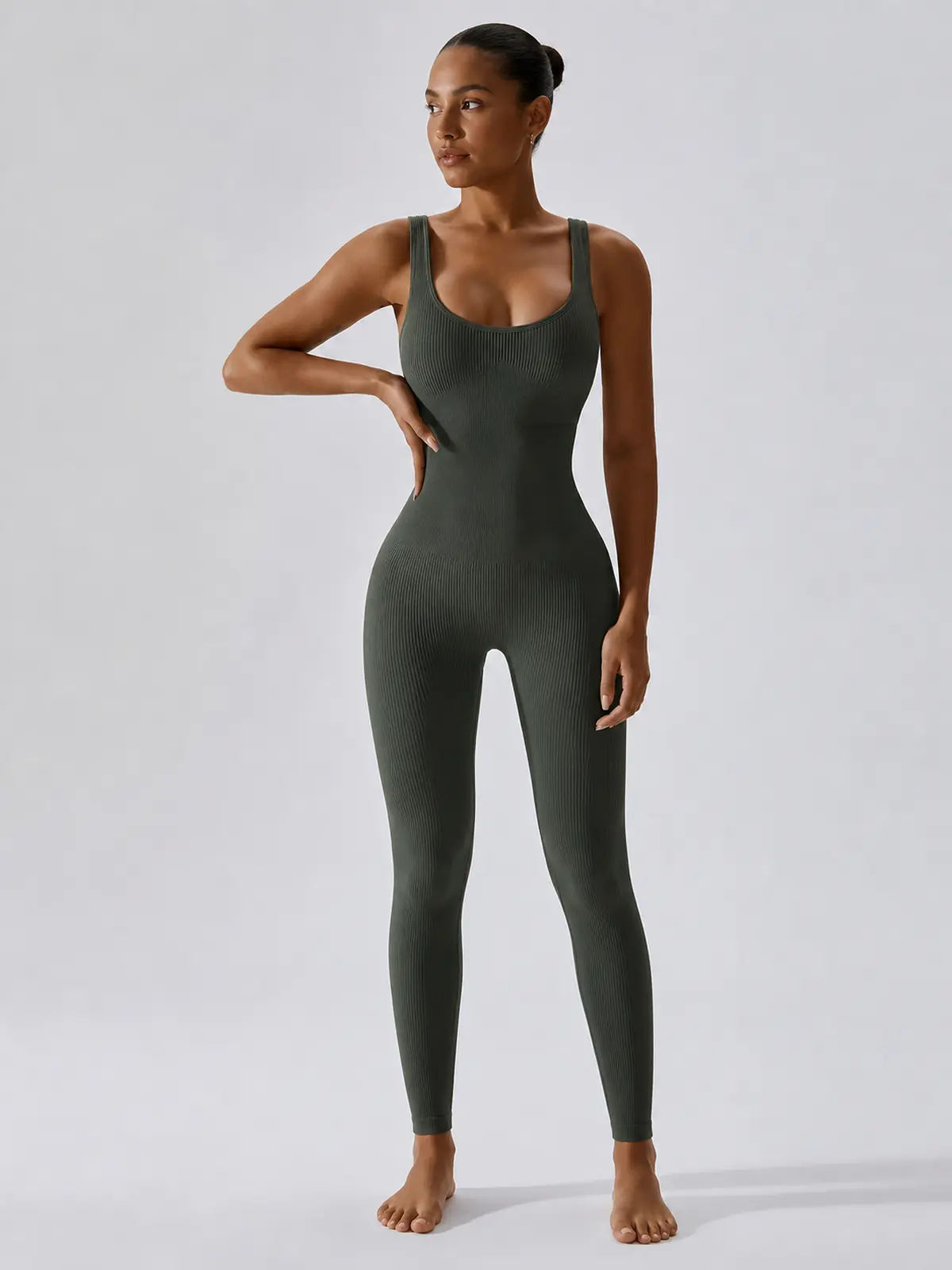 Springline Form Sleeveless Scoop-Neck Ribbed Unitard — olive green — authoritative variation match