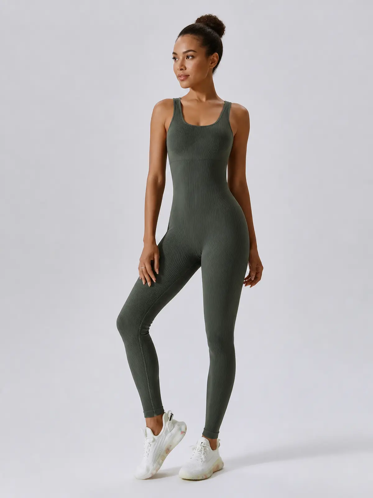 Springline Form Sleeveless Scoop-Neck Ribbed Unitard — olive green — authoritative variation match