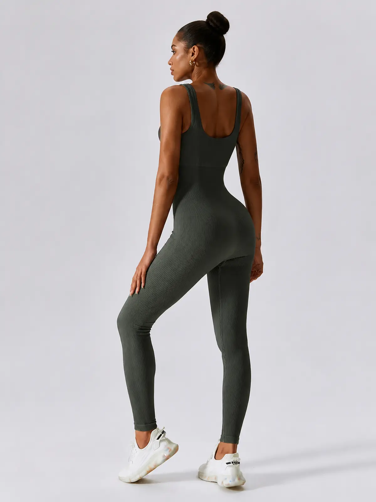 Springline Form Sleeveless Scoop-Neck Ribbed Unitard — olive green — authoritative variation match
