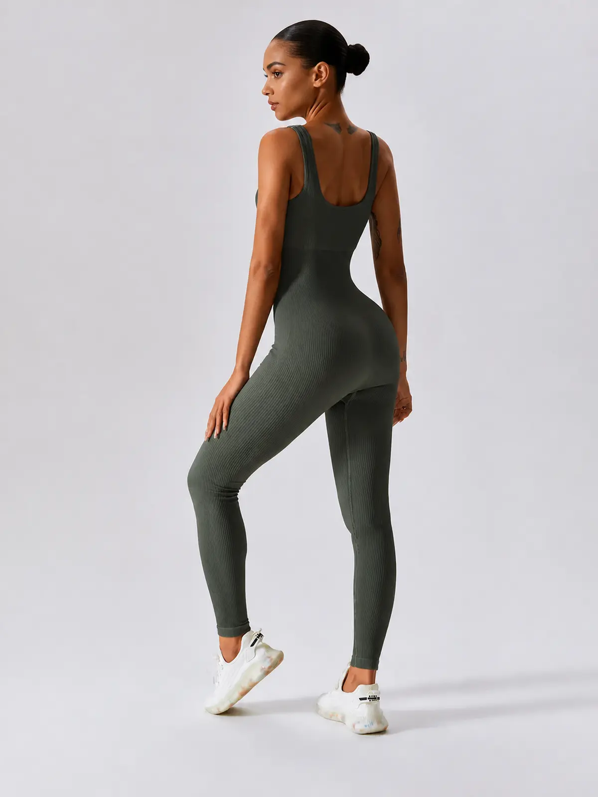 Springline Form Sleeveless Scoop-Neck Ribbed Unitard — olive green — authoritative variation match