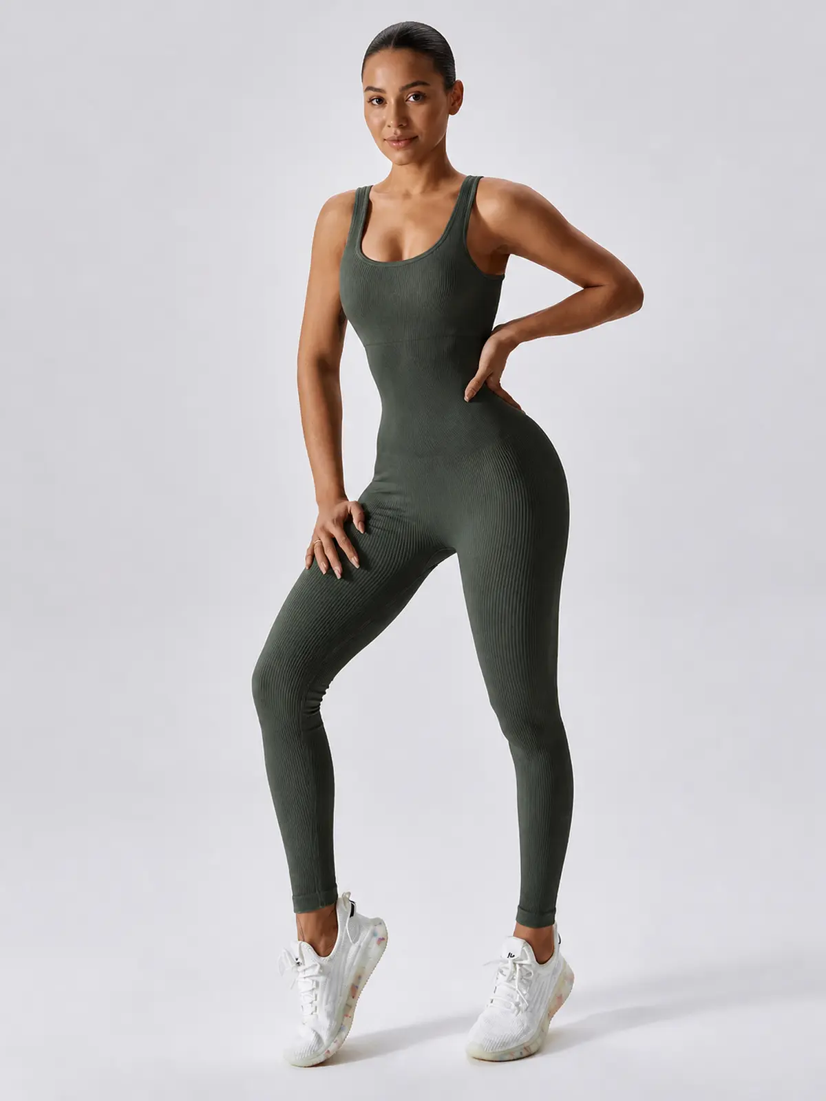 Springline Form Sleeveless Scoop-Neck Ribbed Unitard — olive green — authoritative variation match