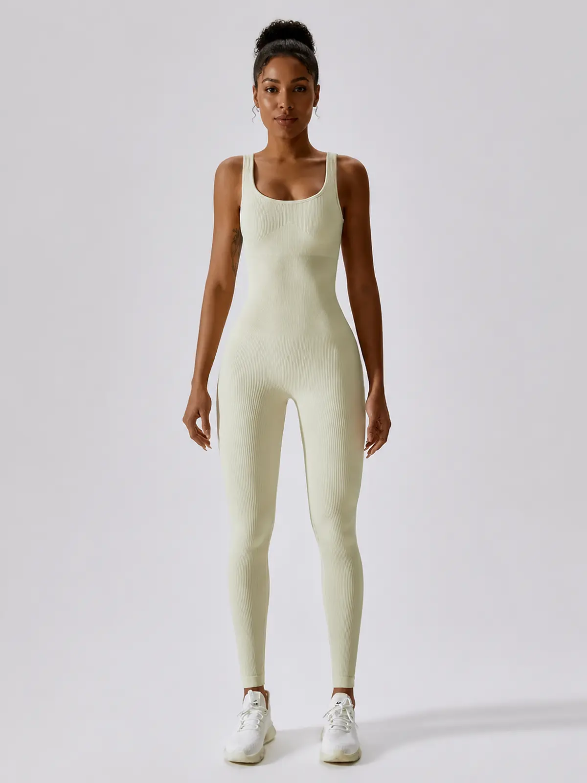 Springline Form Sleeveless Scoop-Neck Ribbed Unitard — pale sage green — jumpsuit — authoritative variation match