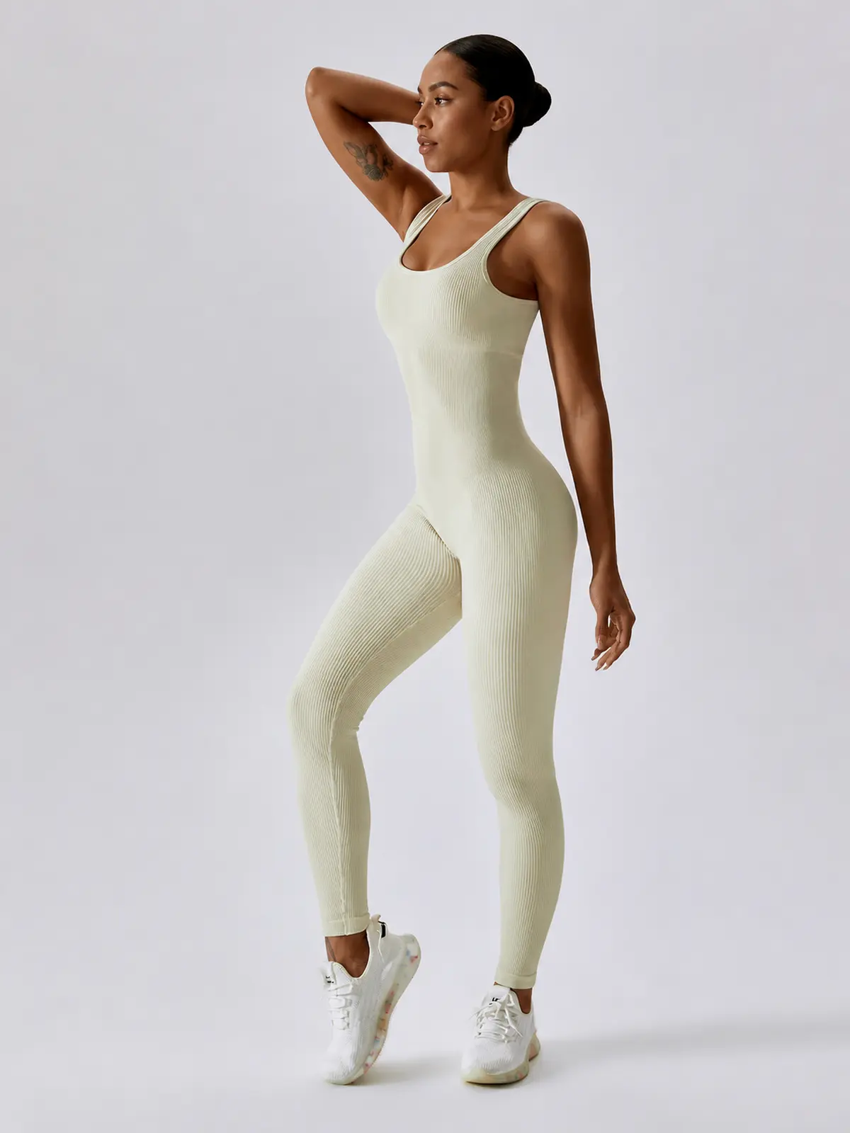 Springline Form Sleeveless Scoop-Neck Ribbed Unitard — pale sage green — jumpsuit — authoritative variation match