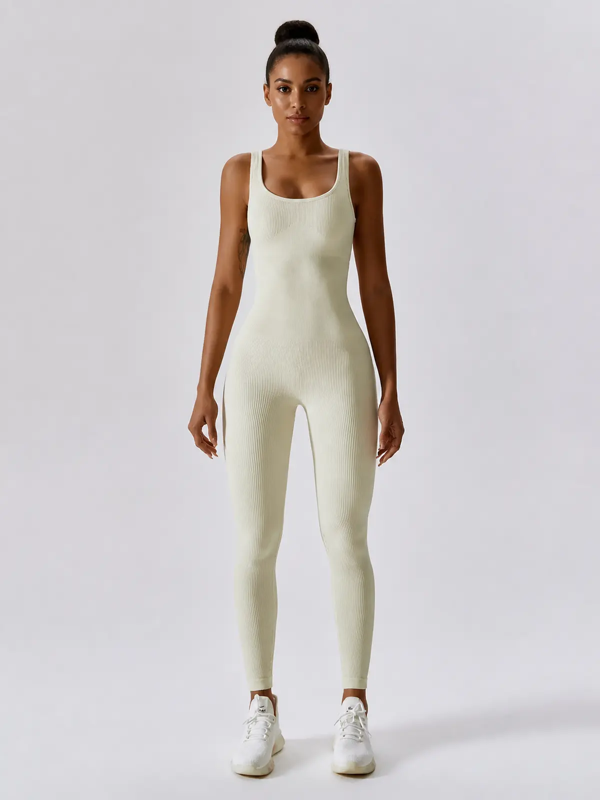 Springline Form Sleeveless Scoop-Neck Ribbed Unitard — pale sage green — authoritative variation image