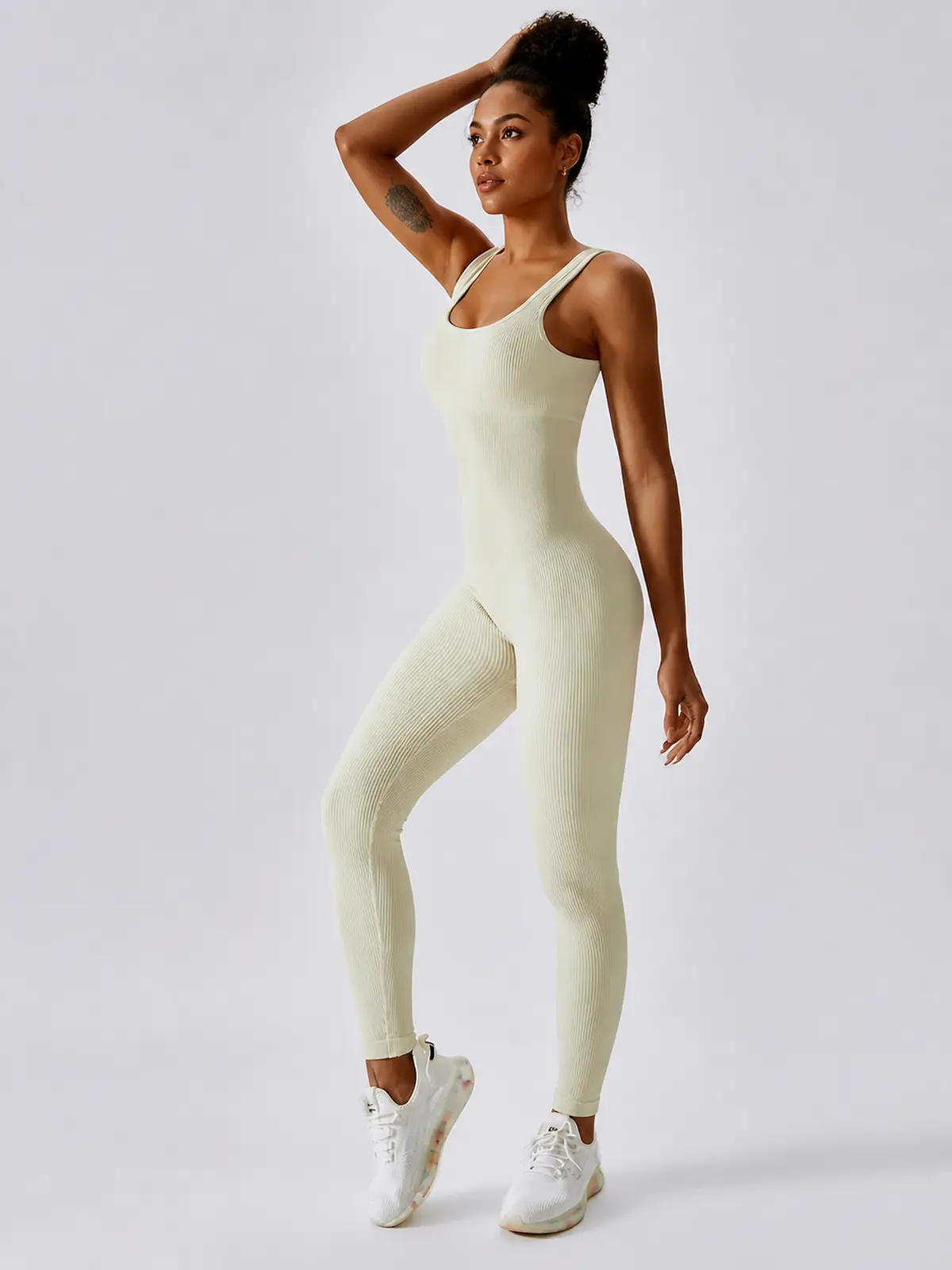 Springline Form Sleeveless Scoop-Neck Ribbed Unitard — pale sage green — authoritative variation match