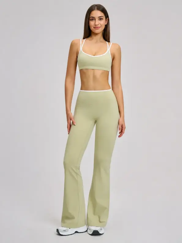 Starlit Terrace Sports Bra and Flare Leggings Set — pale yellow-green with white contrast trim — general — authoritative variation match