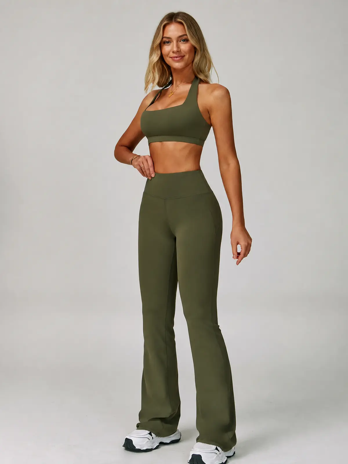Still Arc Square-Neck Sports Bra — olive green — top-leggings-set — authoritative variation match