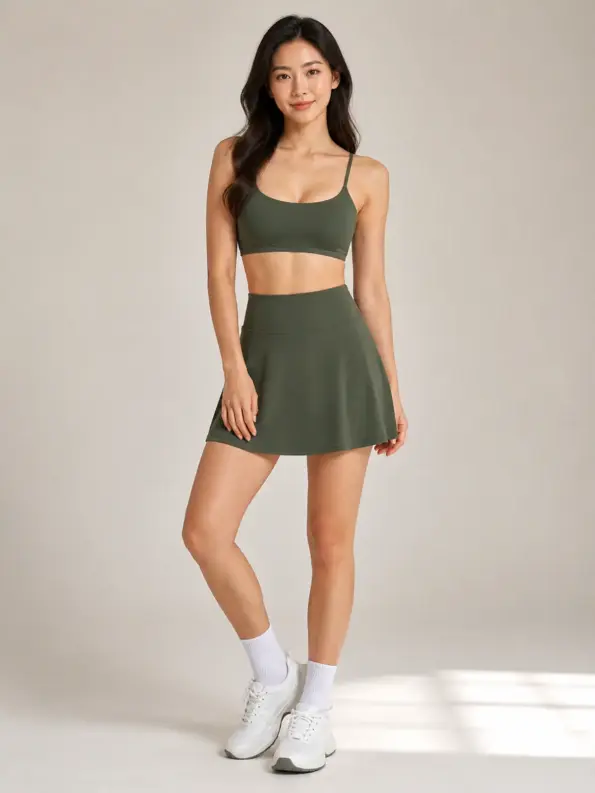 Studio Petal Sports Bra and A-Line Skirt Set — moss green — skort — authoritative variation match