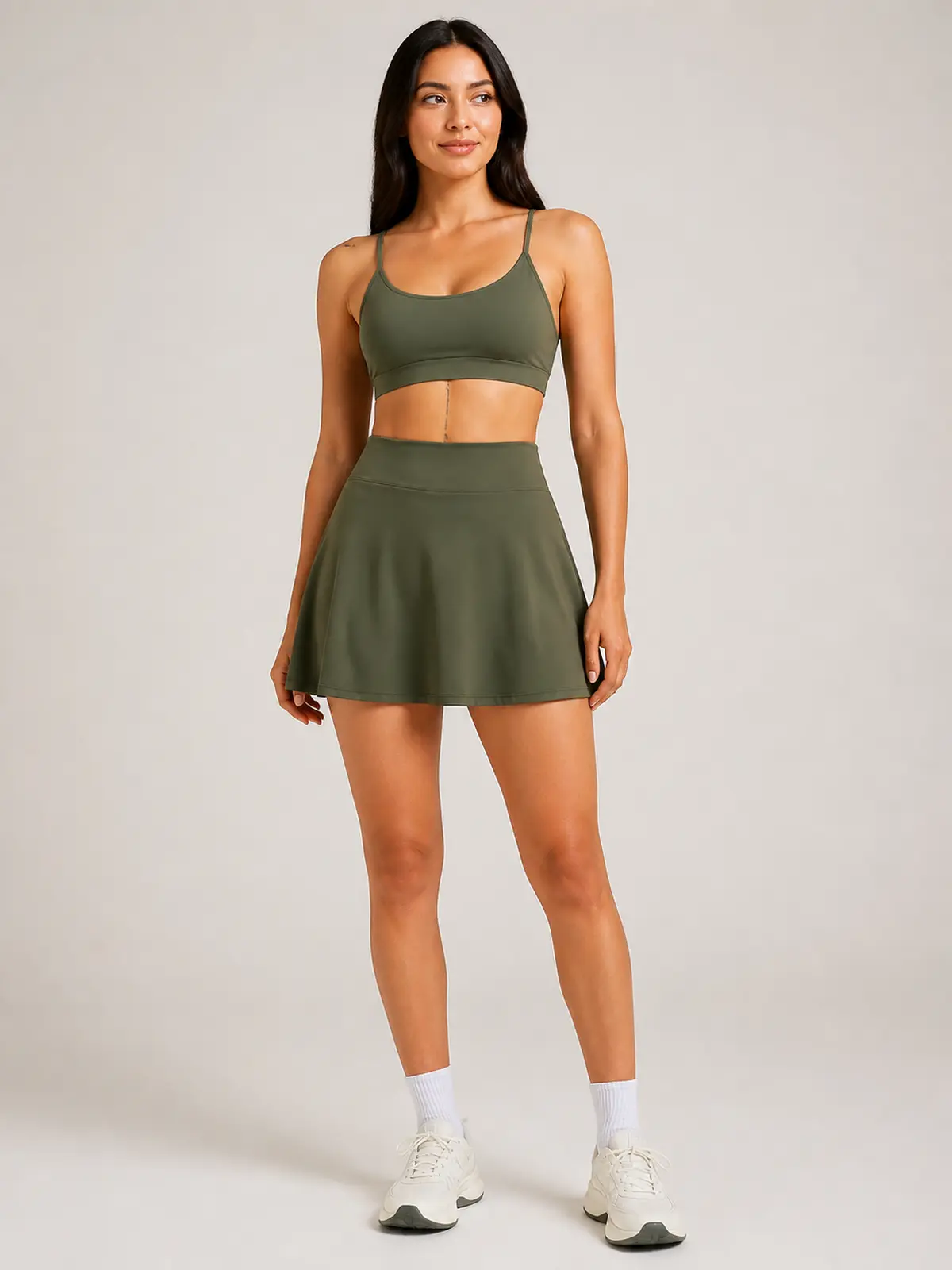 Studio Petal Sports Bra and A-Line Skirt Set — moss green — skort — authoritative variation match