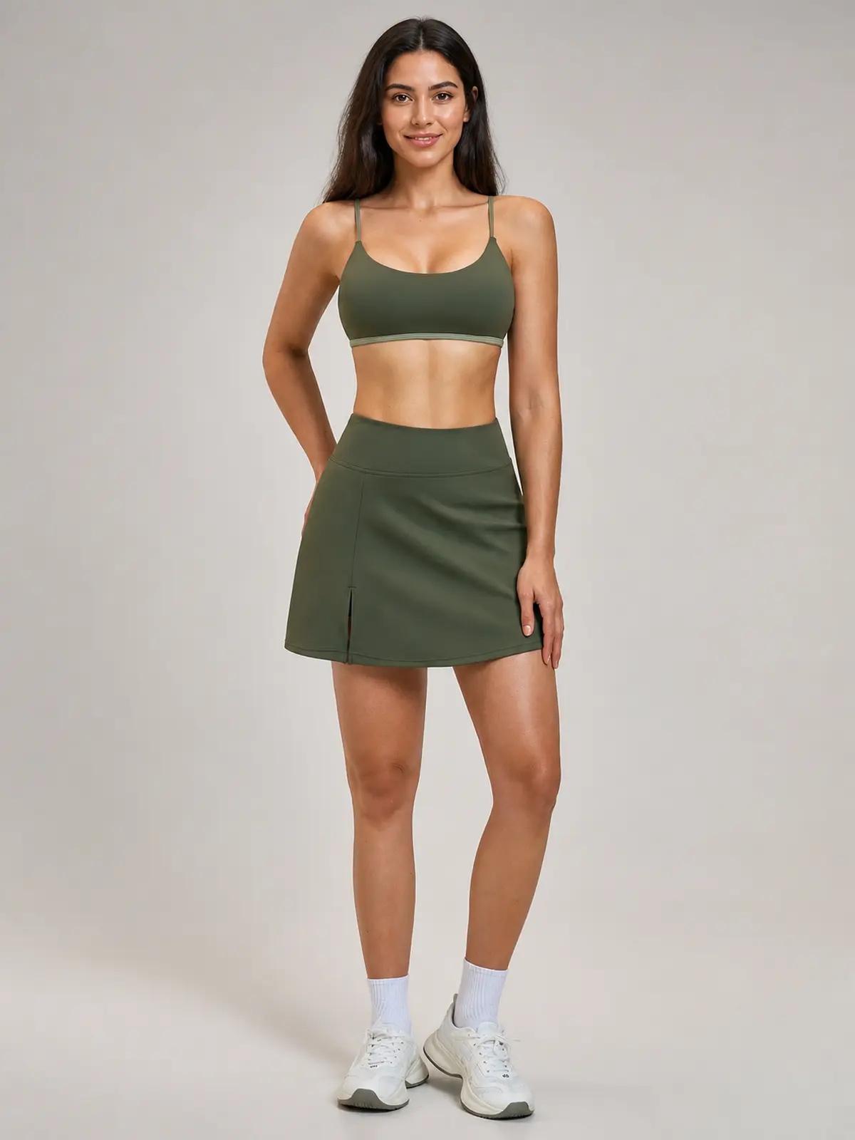 Studio Petal Sports Bra and A-Line Skirt Set — moss green — skort — authoritative variation match