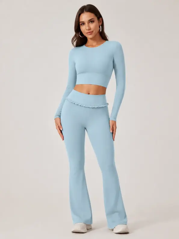 Sundial Thread Ruffle Long-Sleeve Top and Flare Leggings Set — light blue — general — authoritative variation match