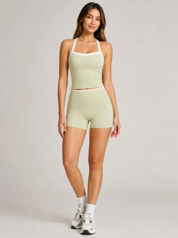 Sundown Tile Sleeveless Top and Bike Shorts Set — pale sage green with white trim — general — authoritative variation match