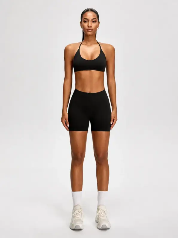 Tamarind Sketch Halter Sports Bra and Bike Shorts Set — black — general — authoritative variation match