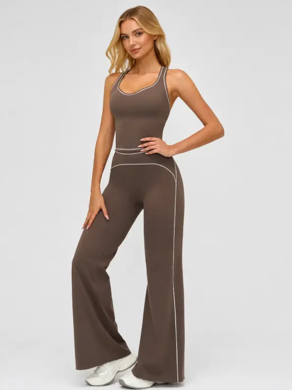 Tern Studio Tank Top and Flare Leggings Set — deep brown with white contrast piping — general — authoritative variation match