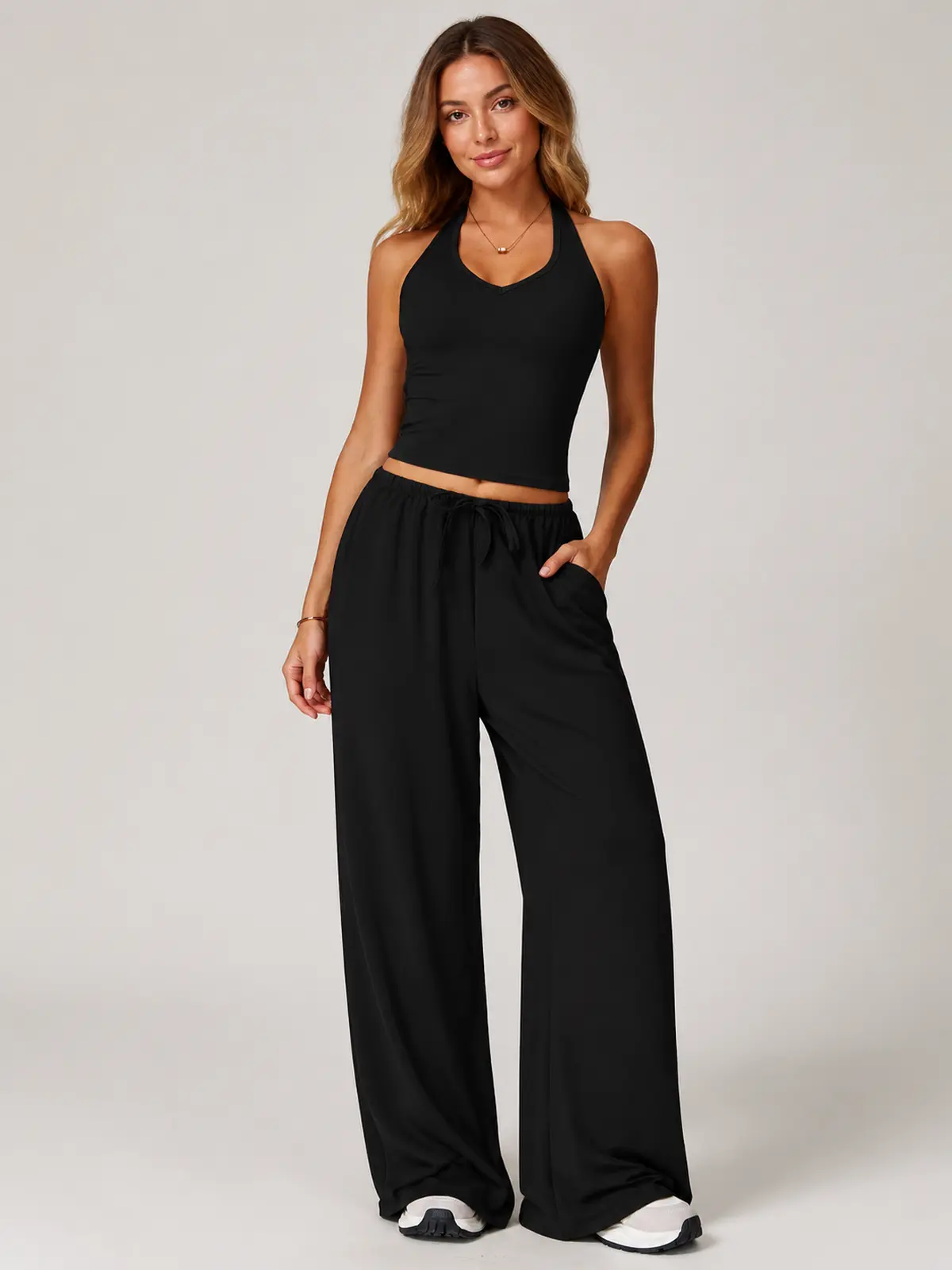 Tide Note Full-Length Drawstring Wide-Leg Pants — black — authoritative variation match