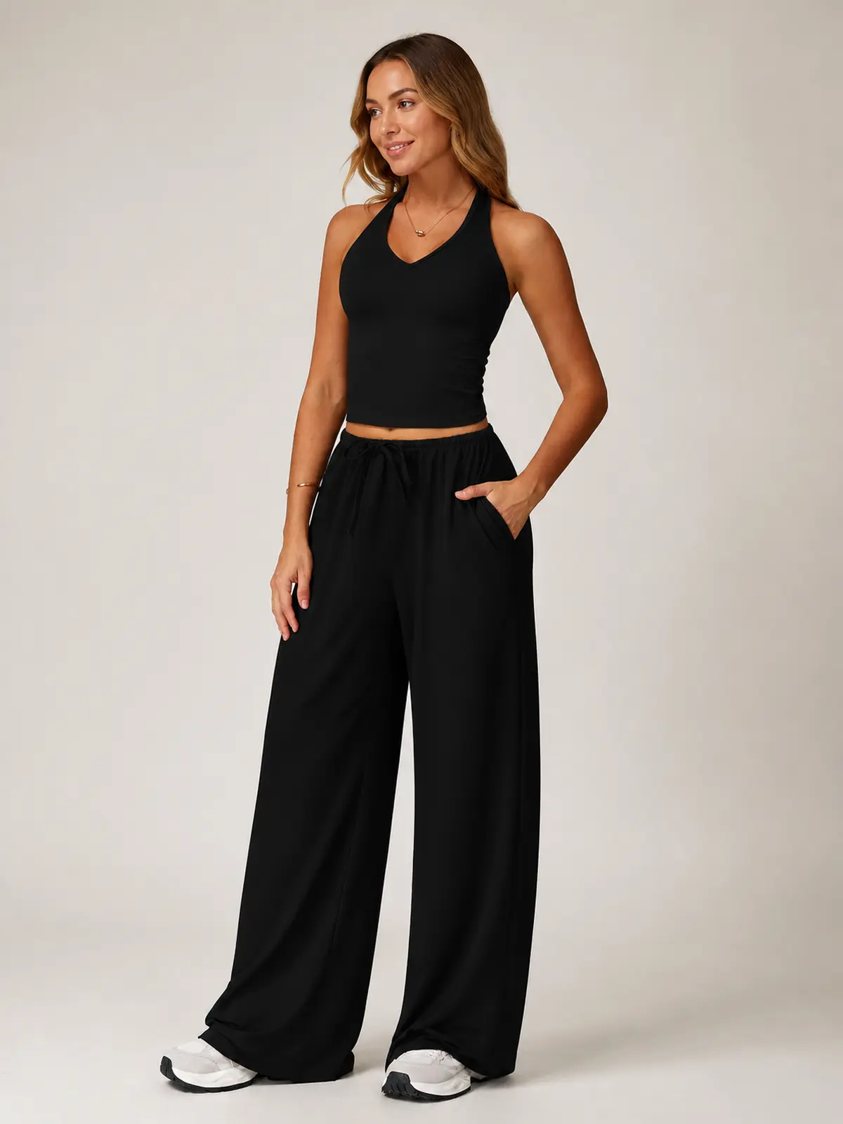 Tide Note Full-Length Drawstring Wide-Leg Pants — black — authoritative variation match