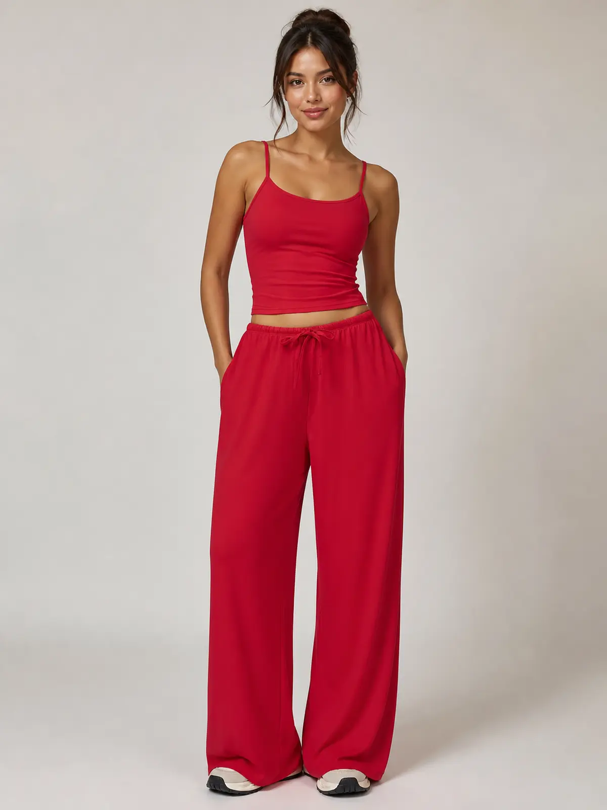 Tide Note Full-Length Drawstring Wide-Leg Pants — bright red — authoritative variation match