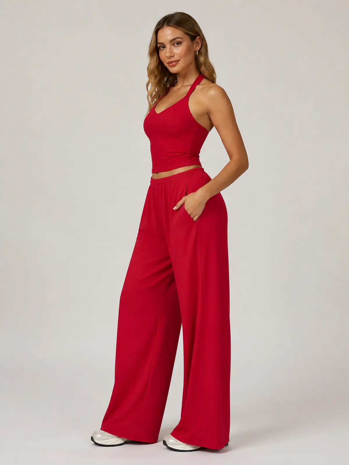 Tide Note Full-Length Drawstring Wide-Leg Pants — bright red — authoritative variation match